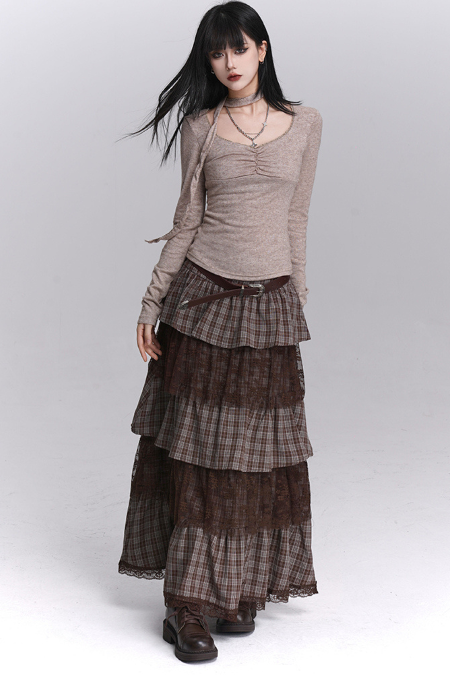 チェックティアードレースロングスカート