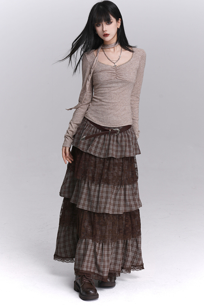 チェックティアードレースロングスカート