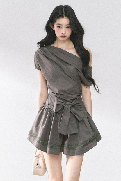 ウエストスリムパフィーオフショルダードレス