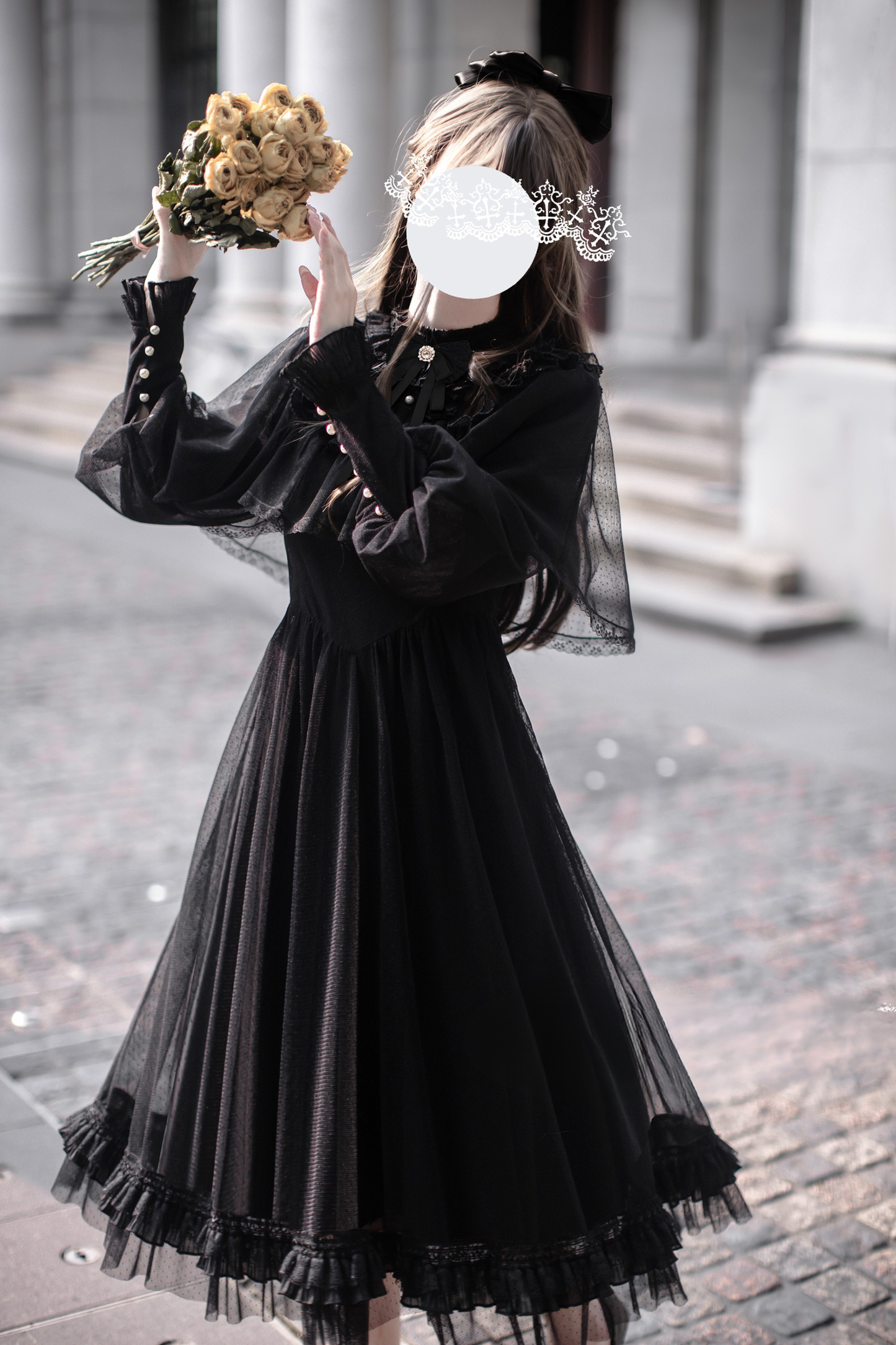 ダークエレガントブラックドットガーゼショールドレス