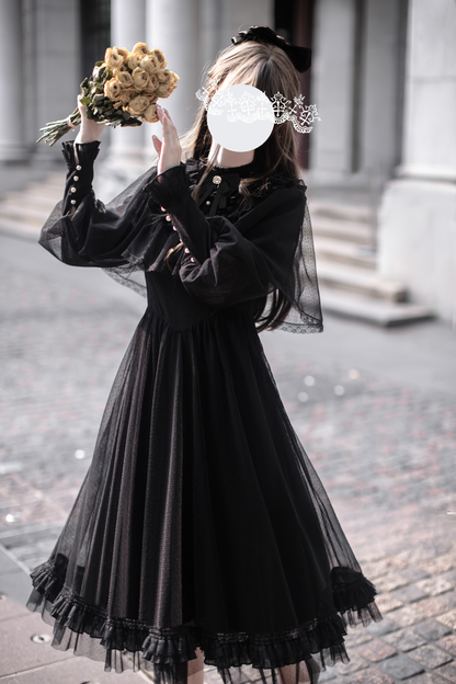 ダークエレガントブラックドットガーゼショールドレス