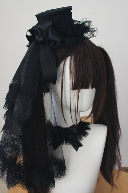 ダークレースゴシックハット+ベール+ヘアバンド+チョーカー+スリーブ