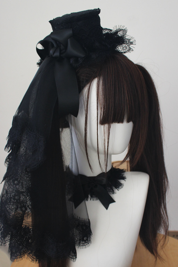ダークレースゴシックハット+ベール+ヘアバンド+チョーカー+スリーブ