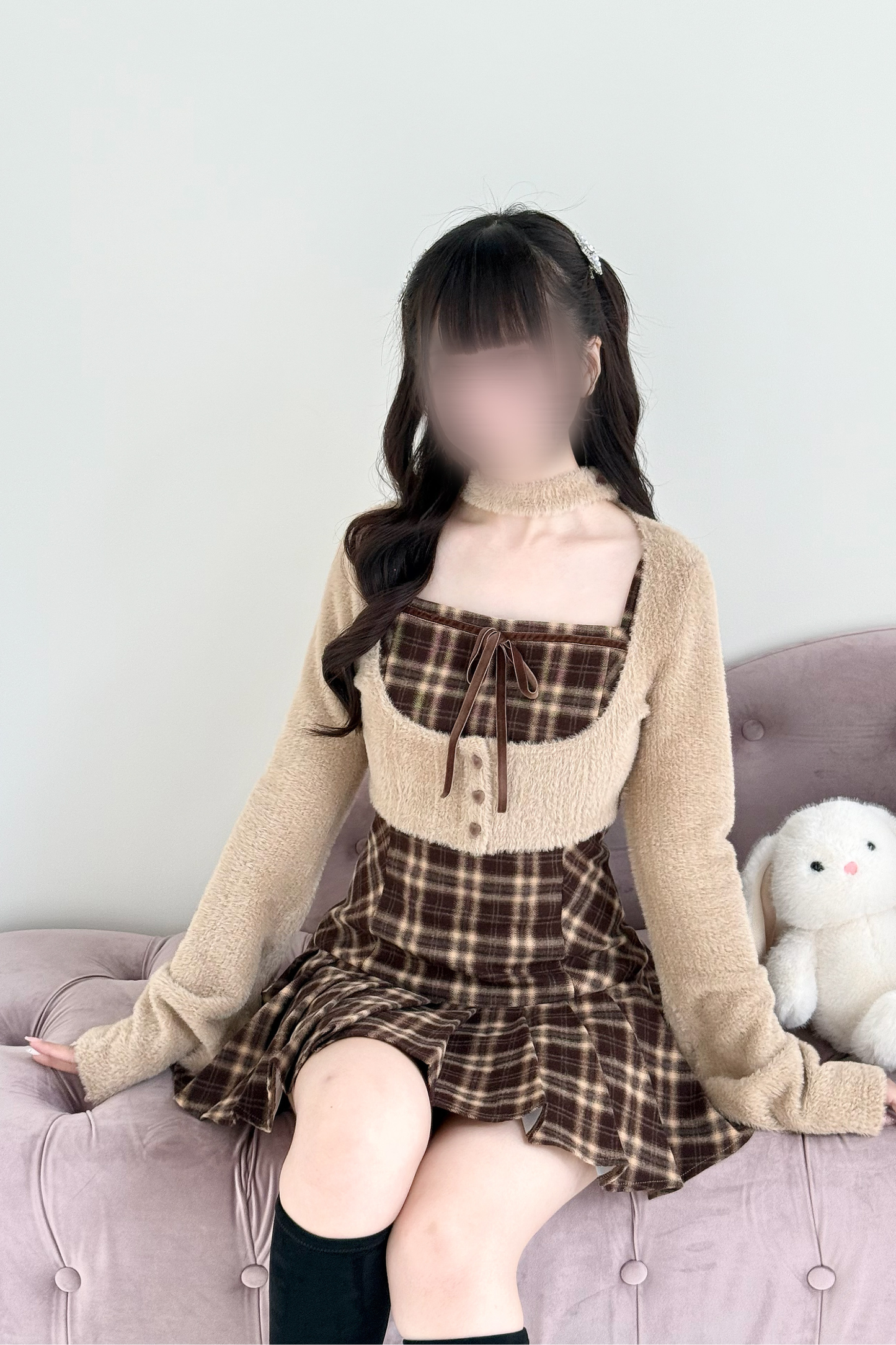 チェックフレアドレス+ショートカーディガン