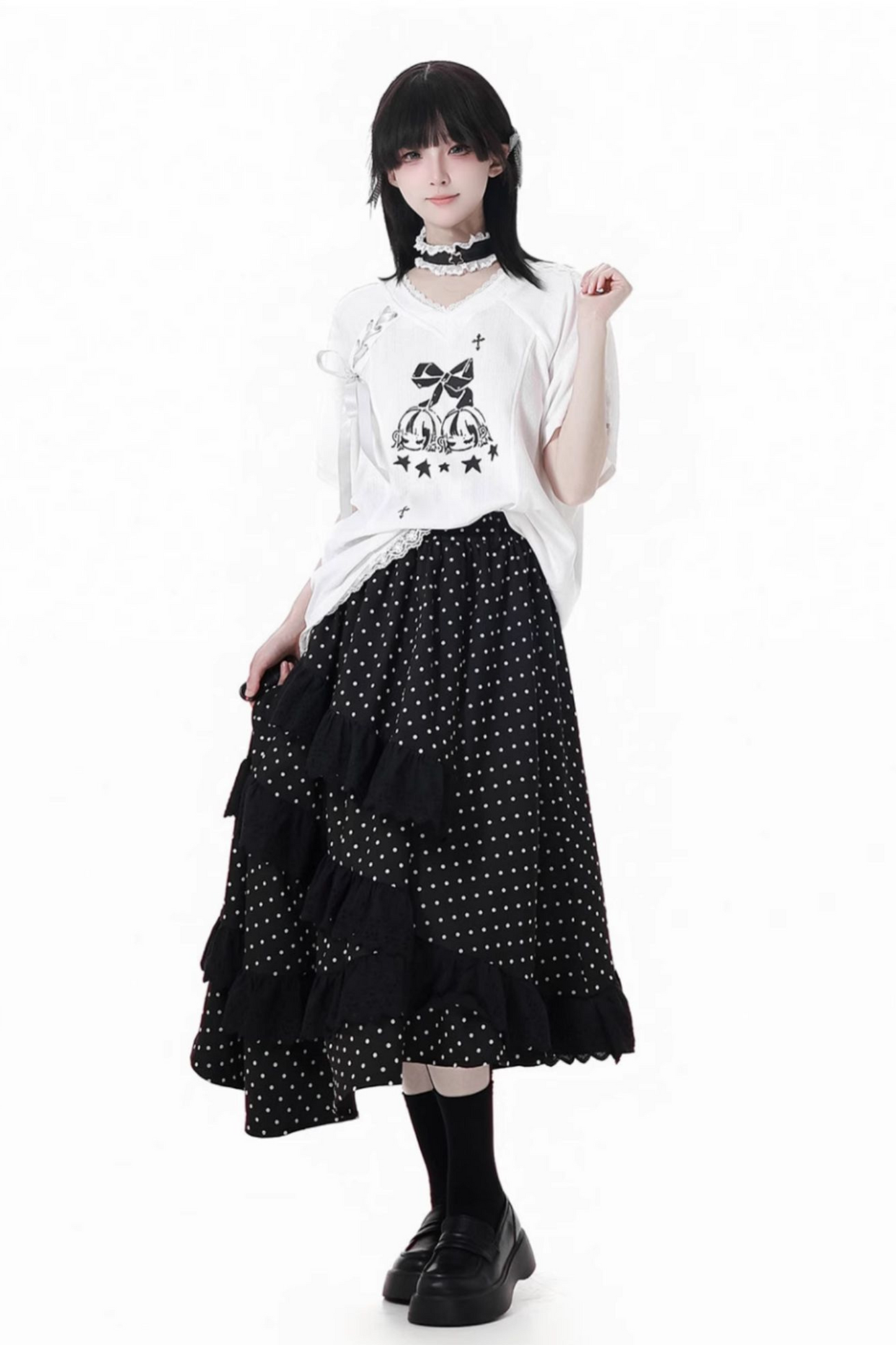 リボンルーズTシャツ+キュロット+アシメスカート