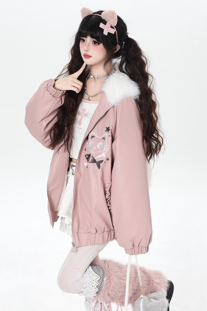 Rabbit Fur Hooded Leather Jacket