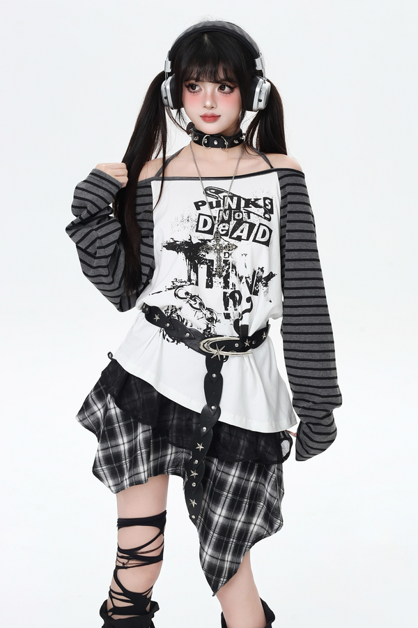 サブカルチャーストライプルーズトップス