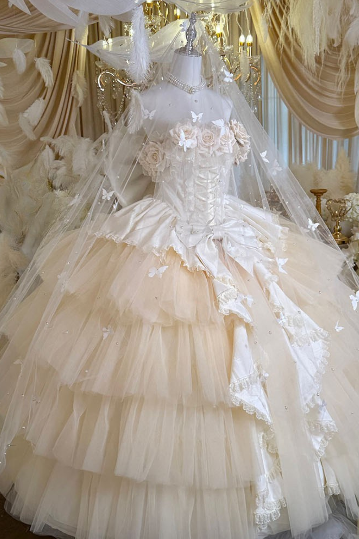 [예약상품] 4월 4일 예약마감]애프리콧 웨딩 로리타 원피스+숄+소매+리본 테일+베일