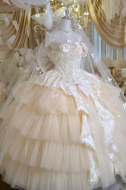 [예약상품] 4월 4일 예약마감]애프리콧 웨딩 로리타 원피스+숄+소매+리본 테일+베일