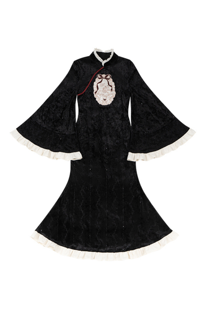 レトロフィッシュテールチャイナドレス+ベスト+ファースカーフ