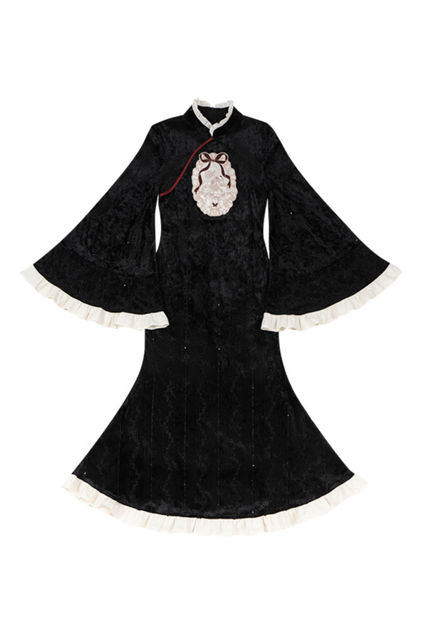 レトロフィッシュテールチャイナドレス+ベスト+ファースカーフ