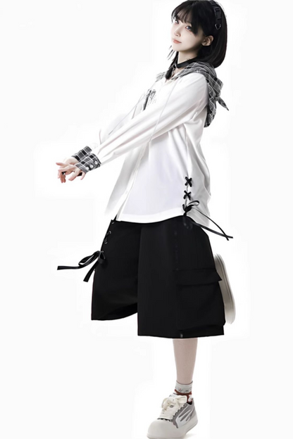 Camisa con capucha a cuadros + Tops con capucha + Pantalones cortos