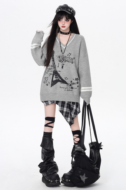 クールロックスタイルギターVネックルーズロングスリーブニット