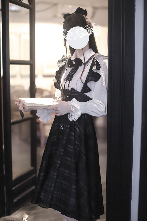 エレガントロングチェックサススカート＋シャツ＋リボン