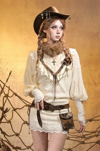 Punk Retro Knitted Top + Sleeveless Top + Belt + Brooch