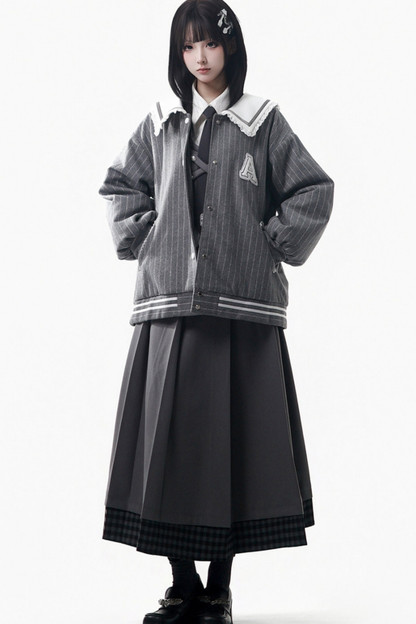 ストライプコート+シャツ+ベスト+ロングスカート