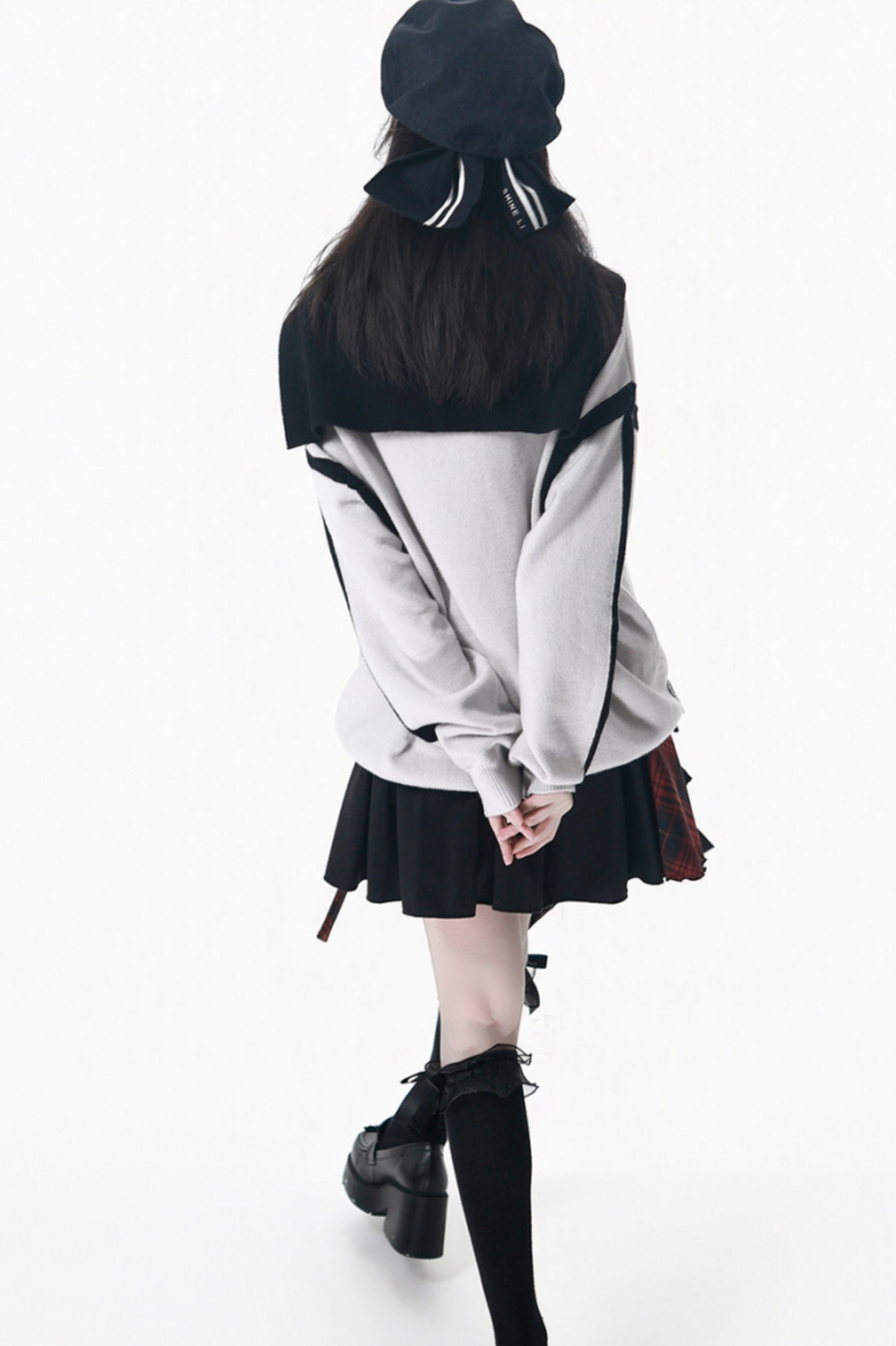 Dark Loose Sweater + Checked Asymmetrical Skirt