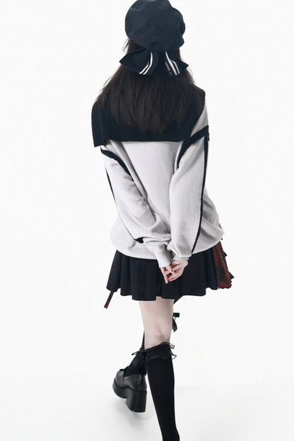 Dark Loose Sweater + Checked Asymmetrical Skirt