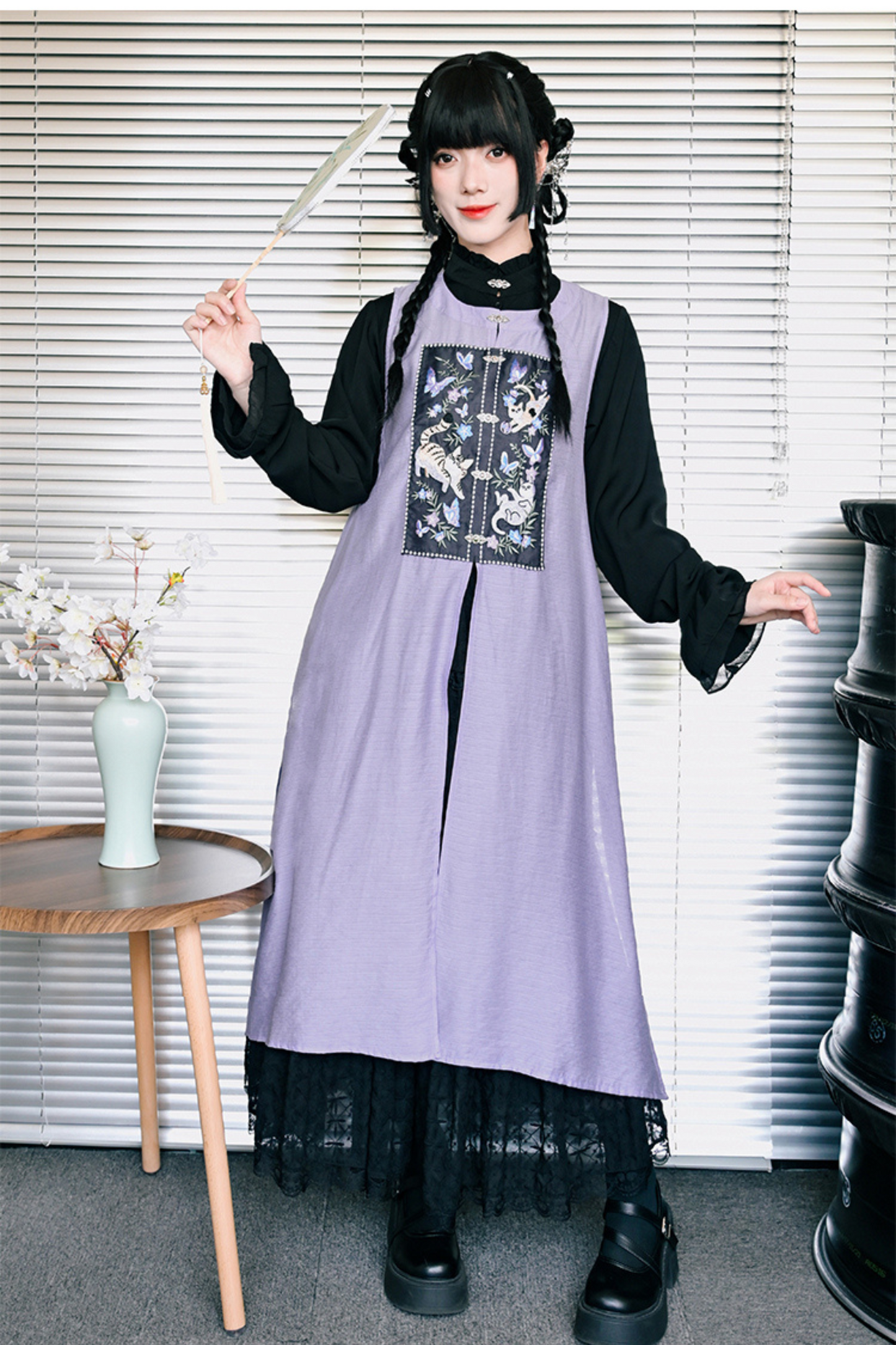 チャイナガーリーノースリーブサンドレスパッチワンピース