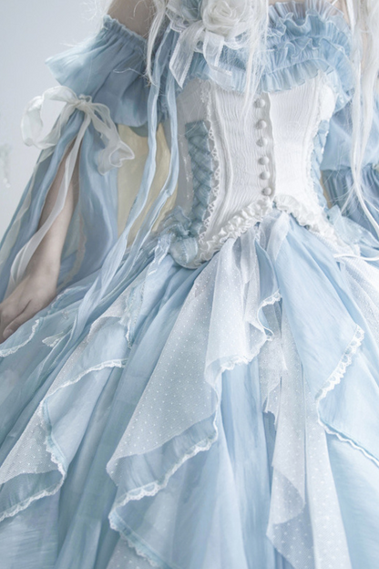 Blue Pink Fishbone Corset Wedding Dress