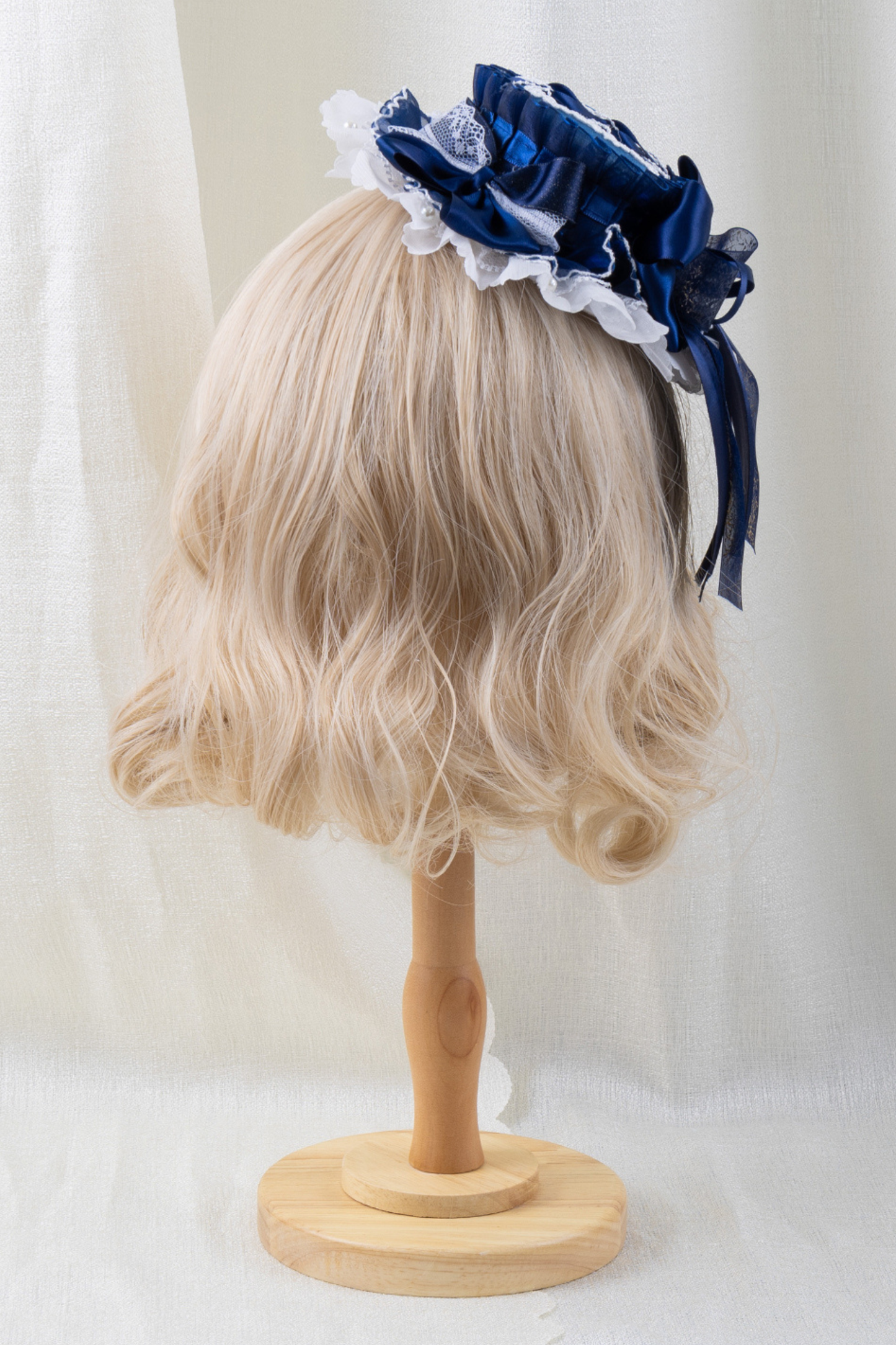 ネイビーブルーロリータボンネット+ヘアバンド+ハットクリップ+リボンクリップ