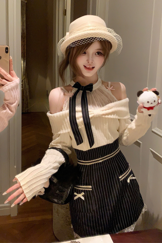 リボンオフショルダーストライプドレス