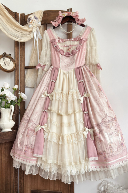 [Pre-order Deadline: April 26] Rococo Antique Lace Tiered Ribbon Pink Lolita Dress + Bonnet