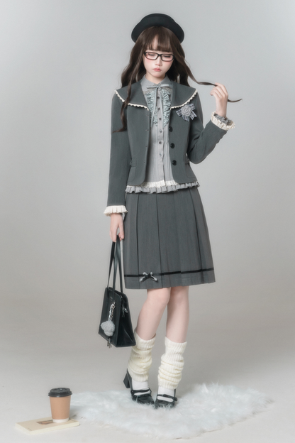 エレガントレトロカレッジジャケット+シャツ+スカート+ブローチ