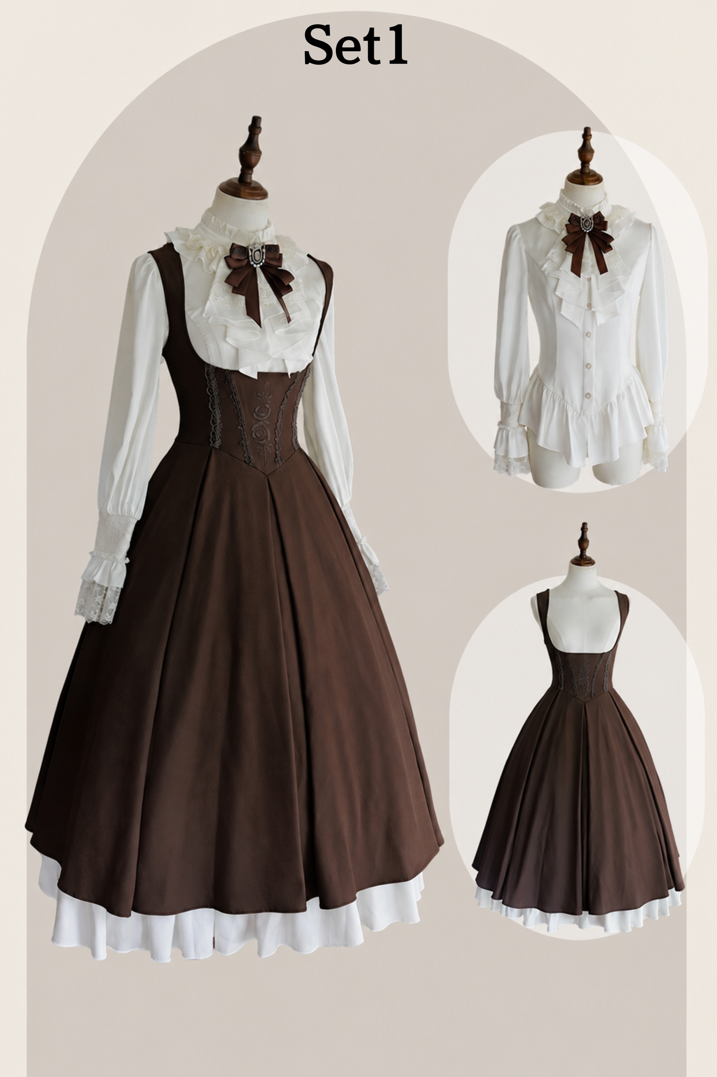 [Vorbestellschluss 919] Klassisch braunes plissiertes Korsett-Bustierkleid mit Rosenstickerei+Rüschenbluse mit Kamee-Schleifen-Spitzenjabot+Jacke mit Spitzenbesatz Set1/2+Komplettset [Kurz/Lang]