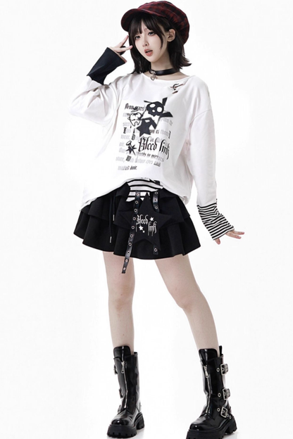 ストライプロックプリントフードジャケット+トップス+ロングパンツ+スカート