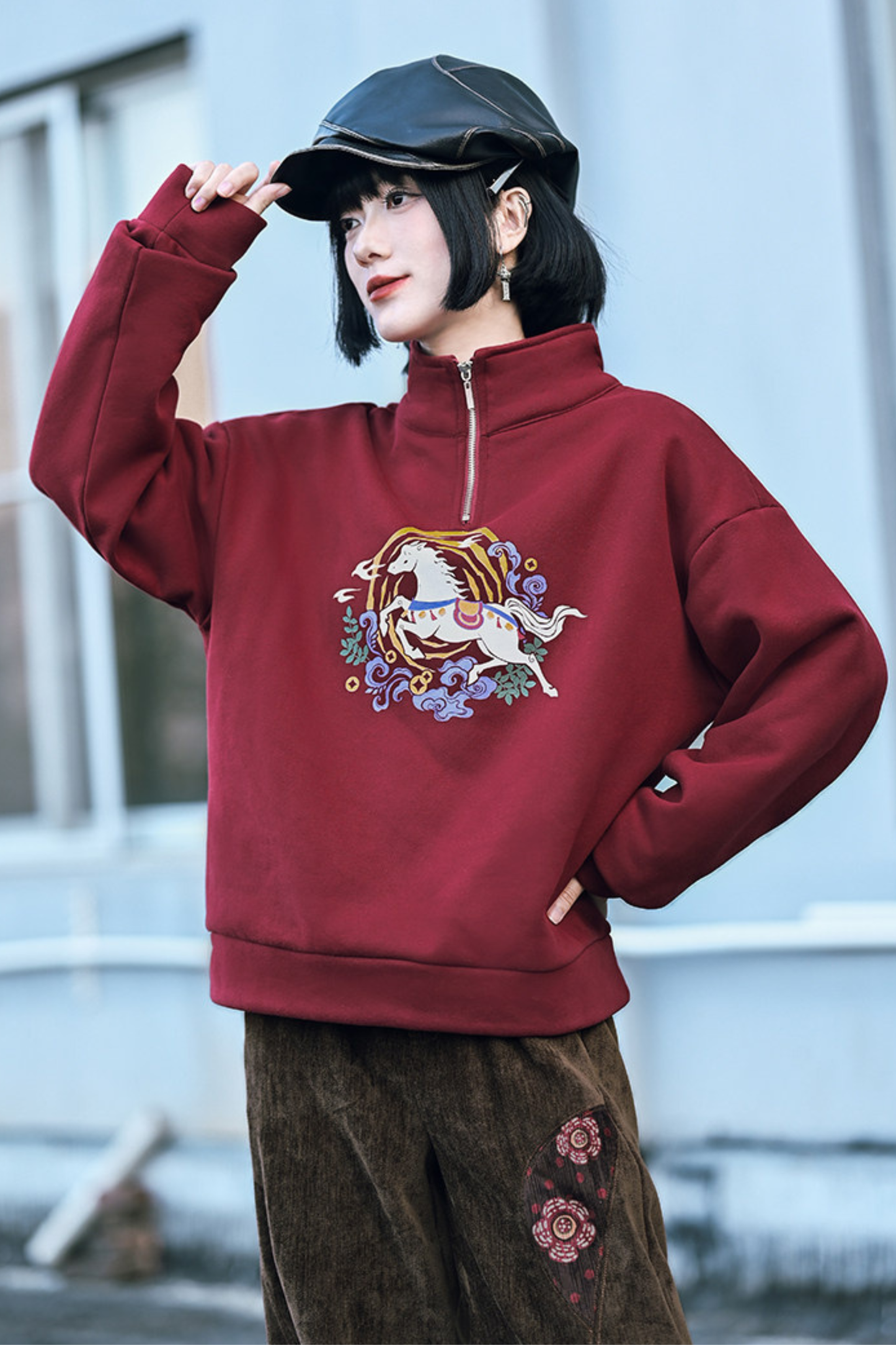 Retro china mode zip-neck top