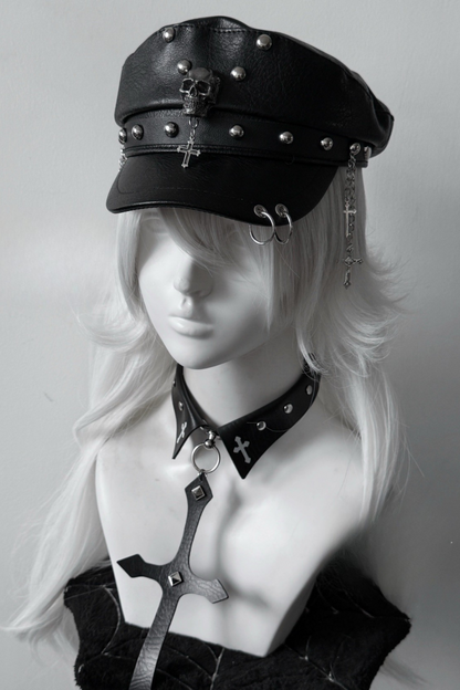 Dark Riveted Y2K Leather Buckle Subculture Cap