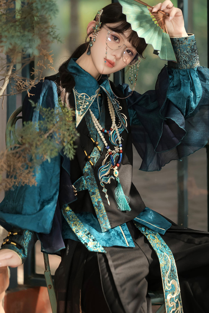 Ruan china top + vest + wide-leg pants + necklace