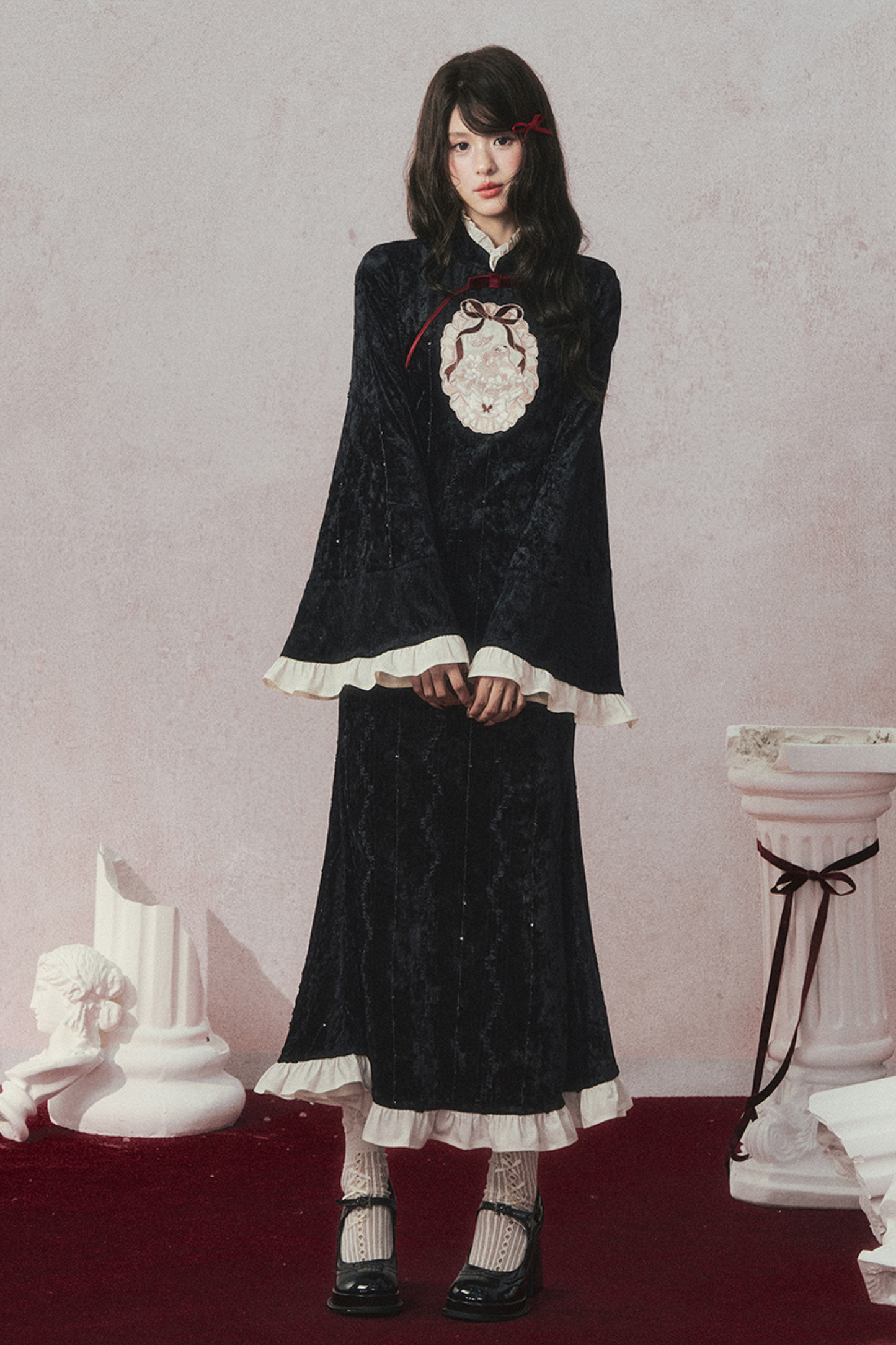 レトロゴージャスブラックベルベットマーメイドテールチャイナドレス+マント