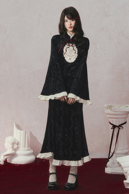 レトロゴージャスブラックベルベットマーメイドテールチャイナドレス+マント