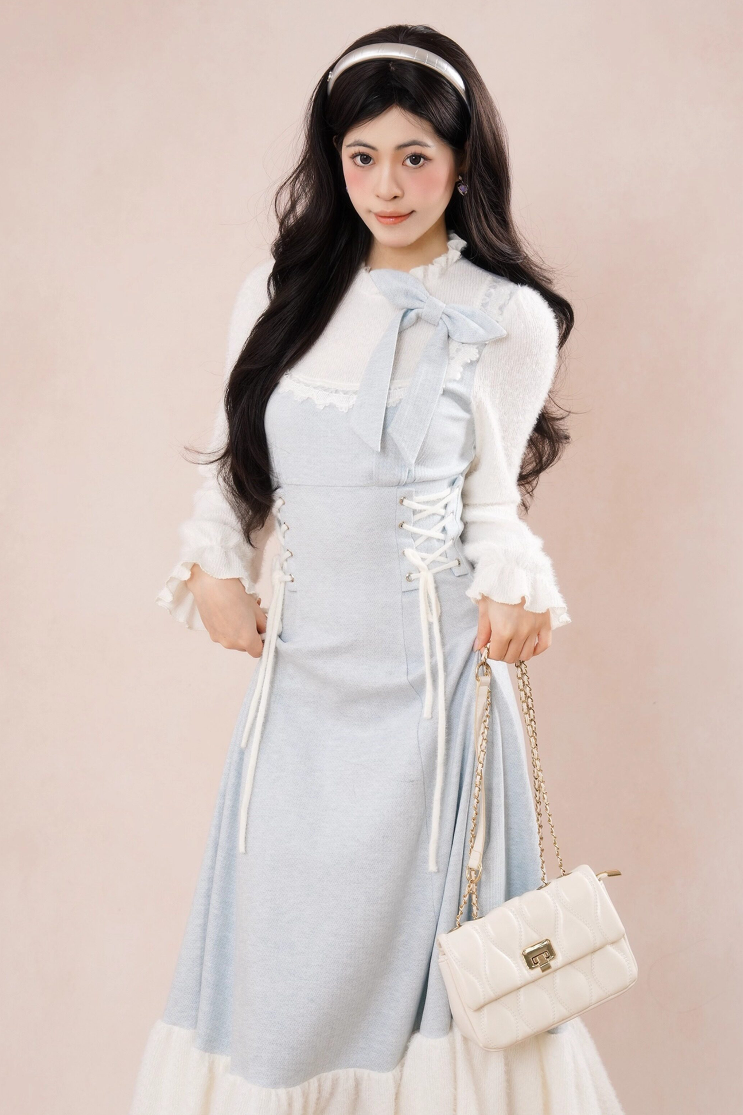 フレンチブルーリボンフリルドレス