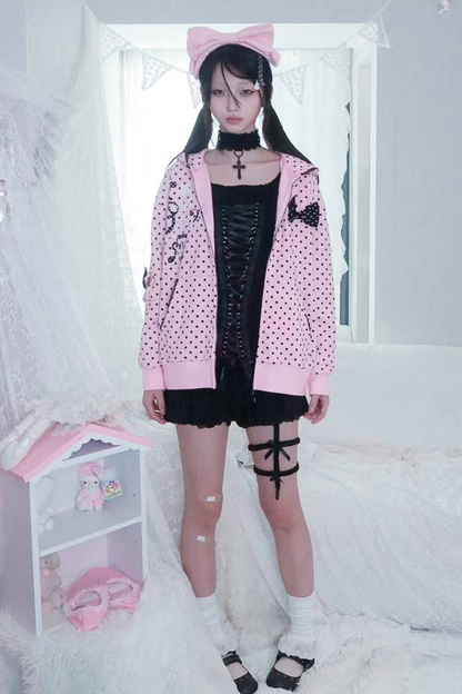 Y2Kガールドットバニーフードパーカー