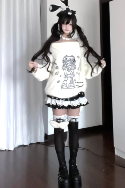 Anime Illustration Off-Shoulder Loose Tops