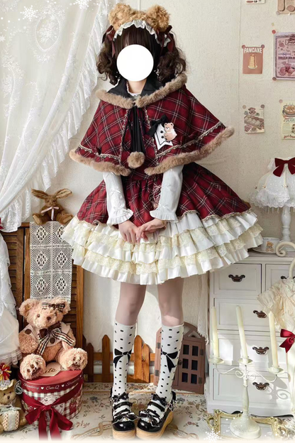 [Pre-order item] Check Lolita JSK + Hooded Cloak + Knit + Bear Catsuit
