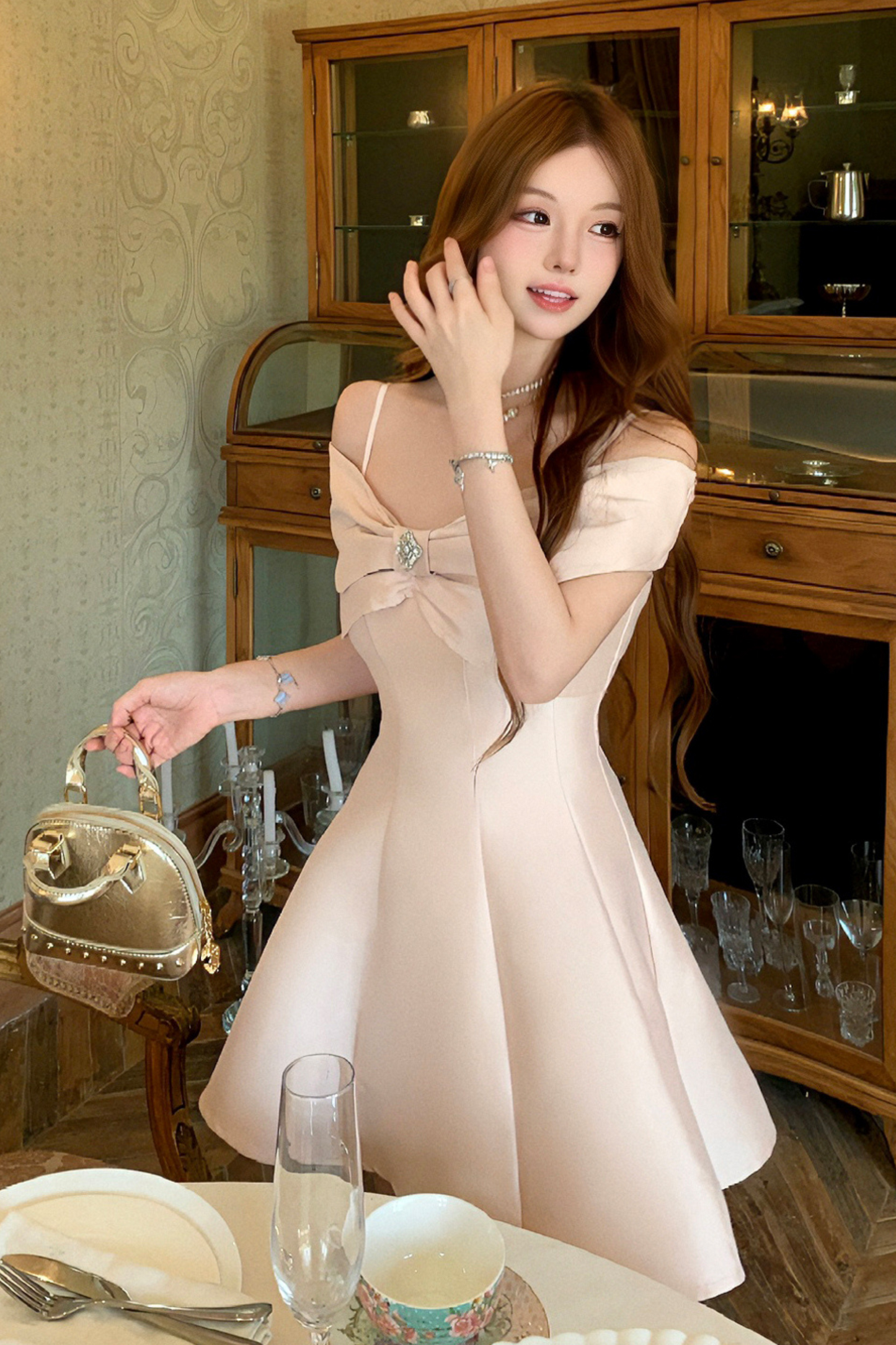 オフショルダーリボンショートフレアドレス＋ロングフレアドレス