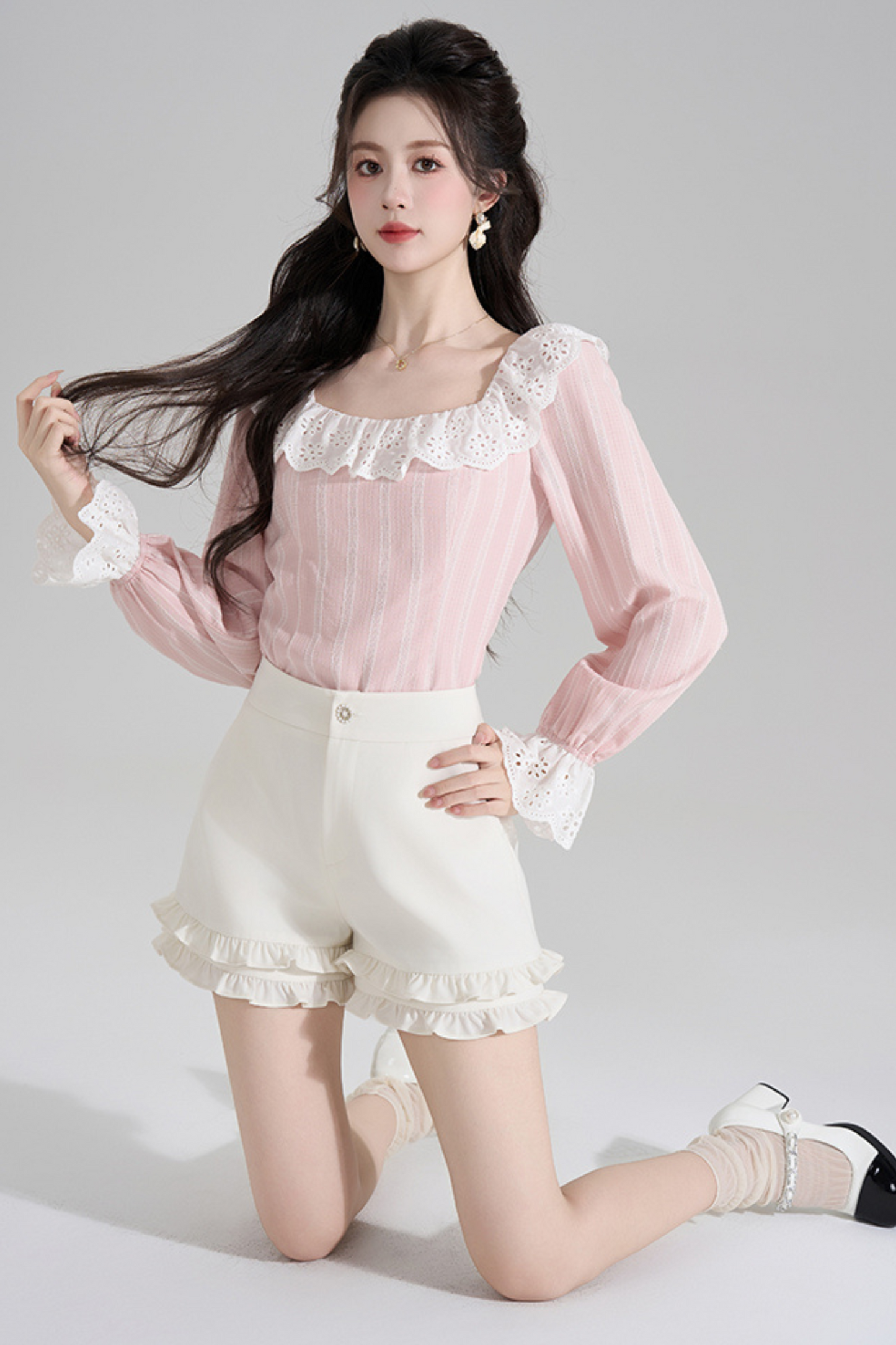 Pink Striped Lace Trim Blouse + Ruffled Shorts