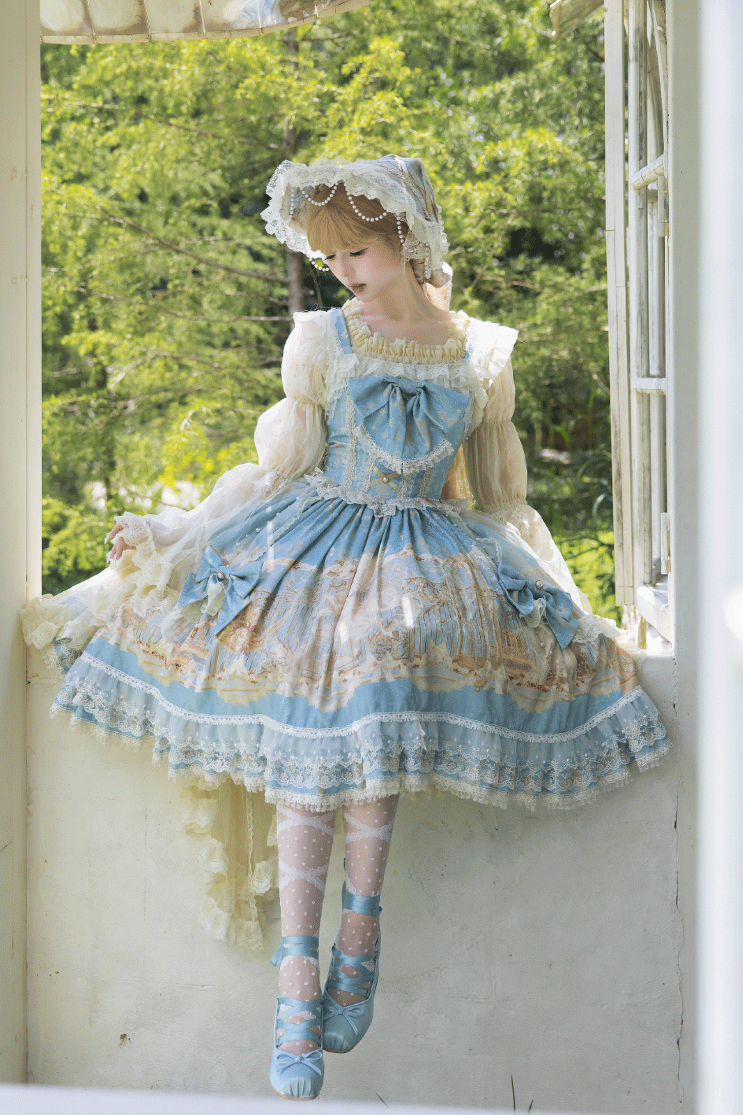 ユニコーンクラシカルプリンセスジャンパースカート+トップス+ボンネット+カチューシャ