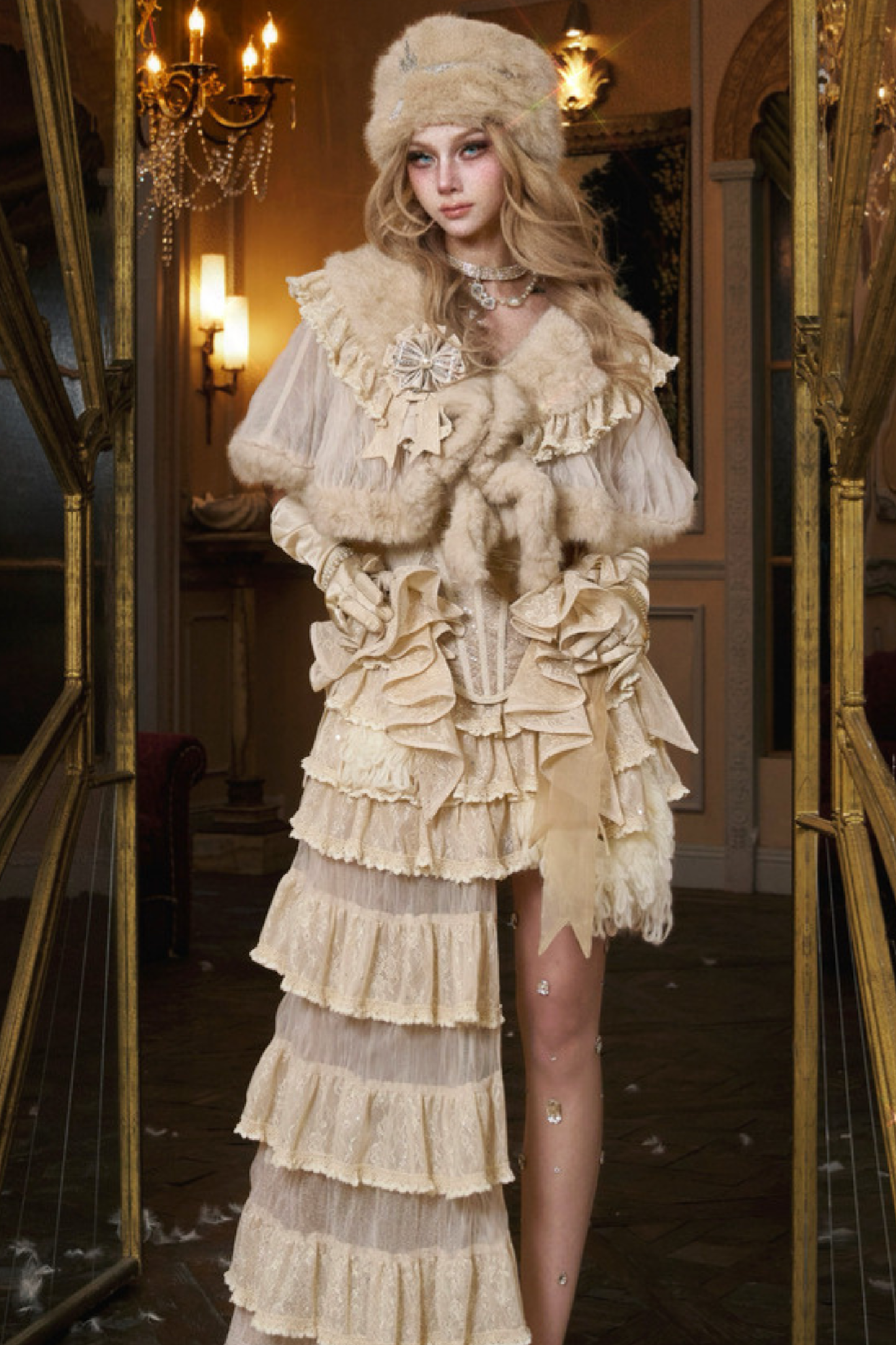 ナイトパーティーゴシックファーショール+ハット+ブローチ