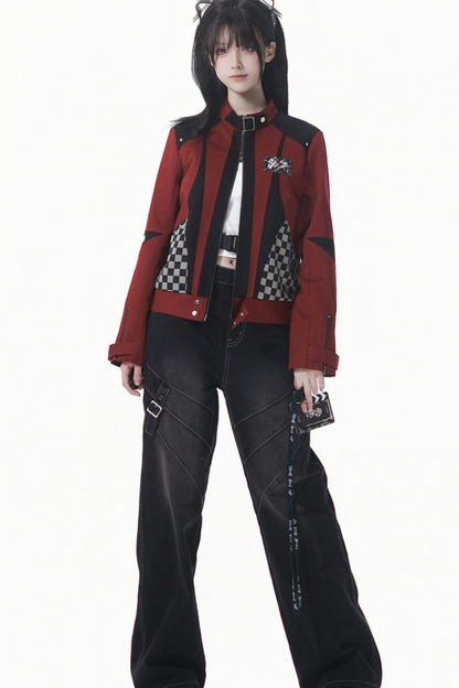 チェッカーボードオートバイジャケット+スウェット+デニムパンツ