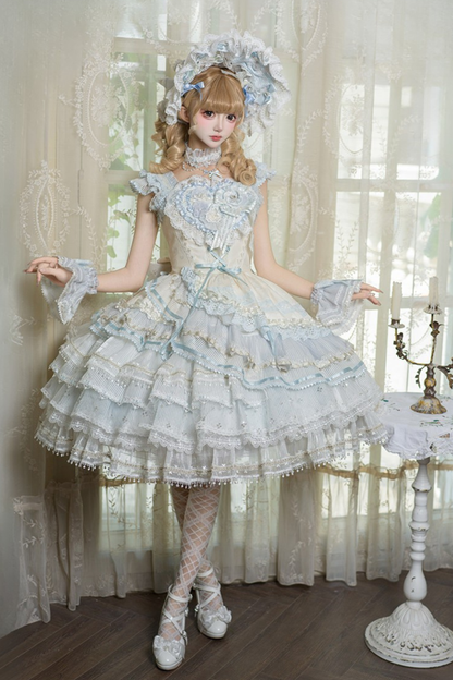 [Reservierungsschluss 1. August] Blau-weißes Sweet-Lolita-Stufenkleid-Set mit Blumenmuster
