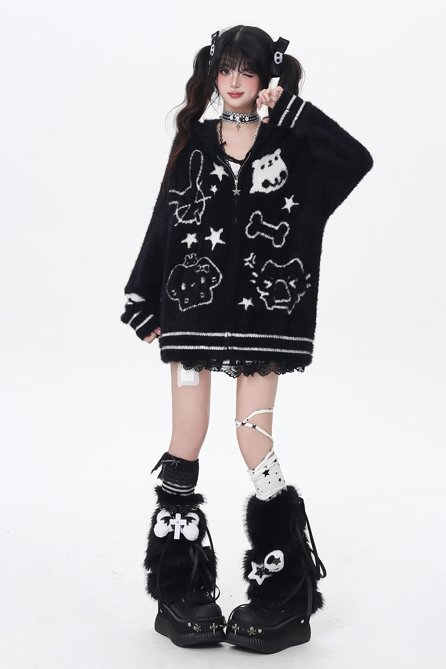 キャットジップフーセーターカーディガン