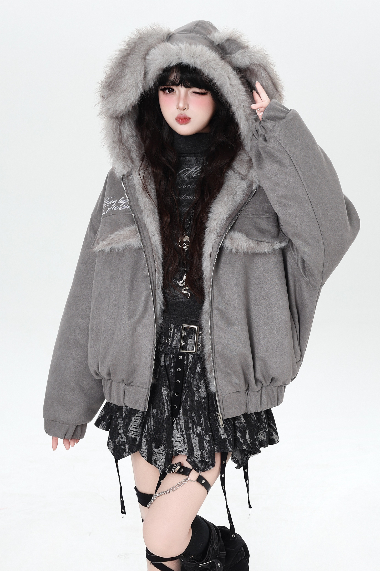 Rabbit Fur Hooded Suede Jacket