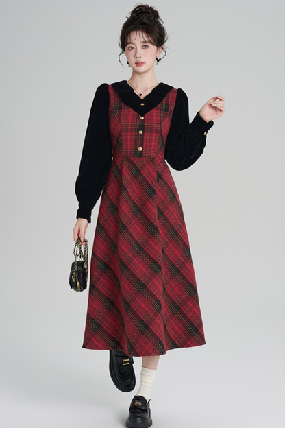 レッドレトロチェックツイードドレス