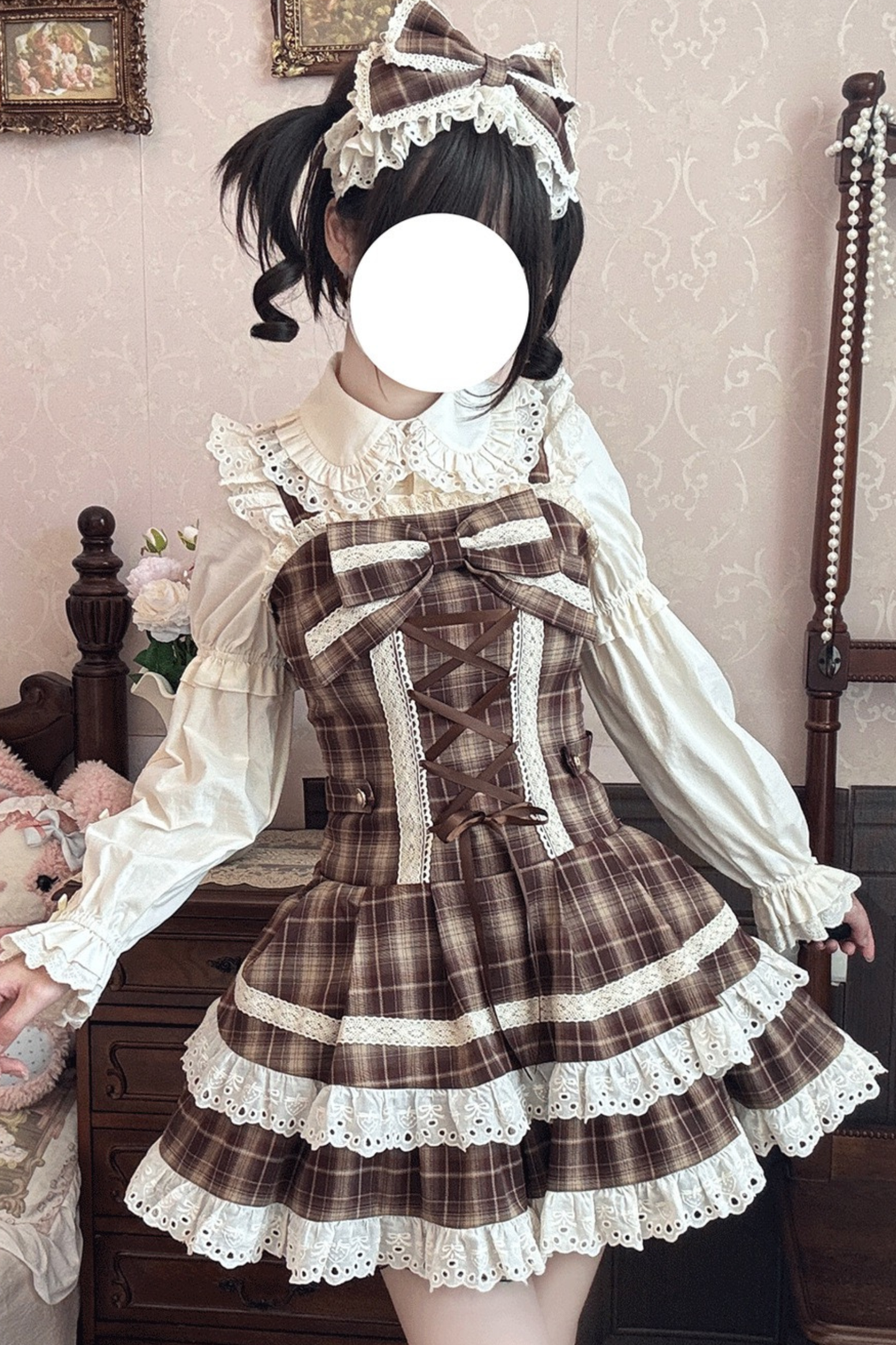 チェックレースアップロリータジャンパースカート+フリルブラウス
