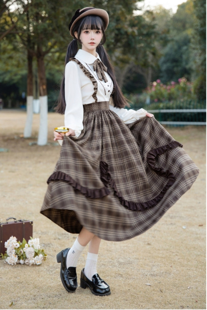 Retro girly check skirt + ruffle blouse